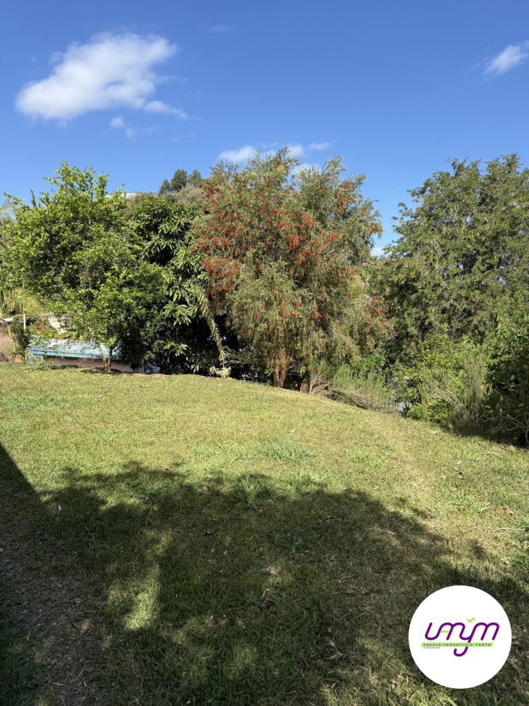 Le jardin arboré, en pente douce, avec une vue dégagée sur le village et les montagnes.