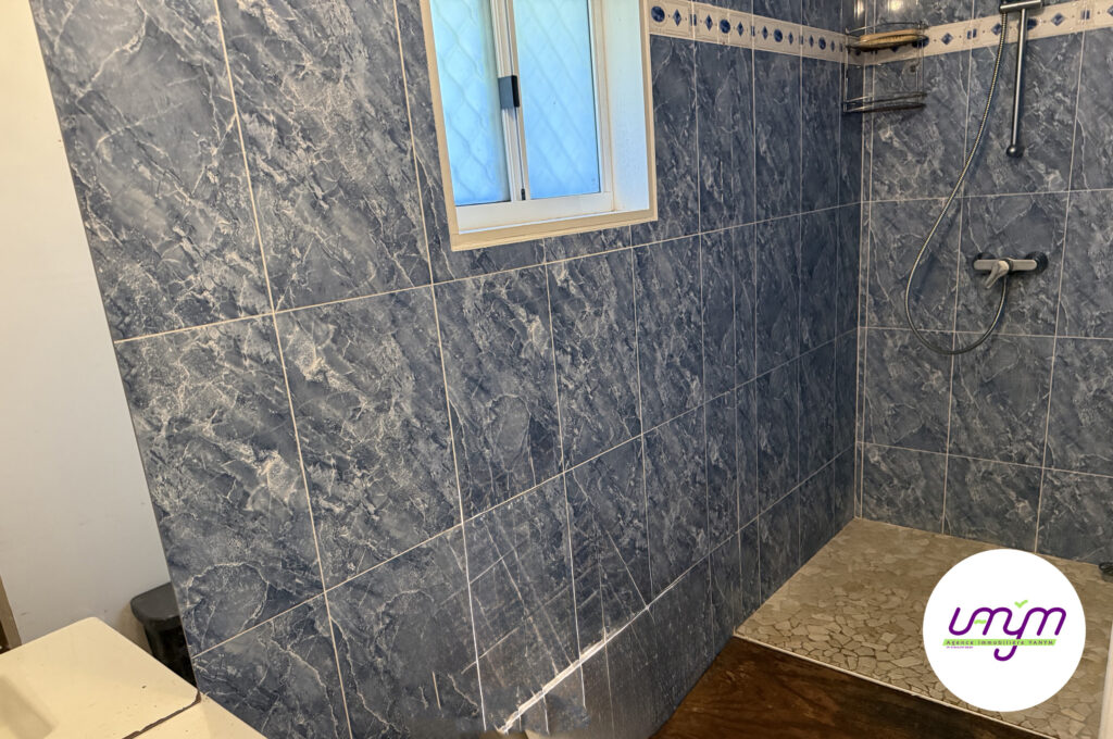 Une des deux salles d’eau, carrelée du sol au plafond, douche à l’italienne.
